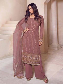 INDDUS - Pink Embroidered Georgette Kurta and Pant with Dupatta