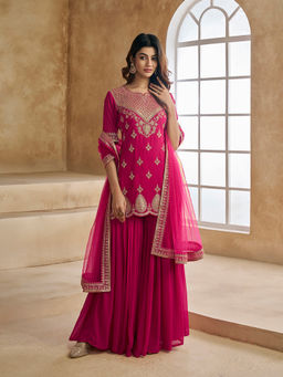 INDDUS - Magenta Embroidered Georgette Kurta and Palazzo with Dupatta