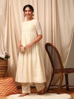 INDDUS - Off White Embroidered Kota Kurta and Pant