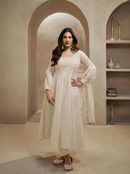 INDDUS - Off White Embroidered Cotton Kurta and Pant with Dupatta
