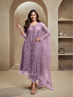 INDDUS - Lavender Floral Silk Blend Kurta and Pant with Dupatta