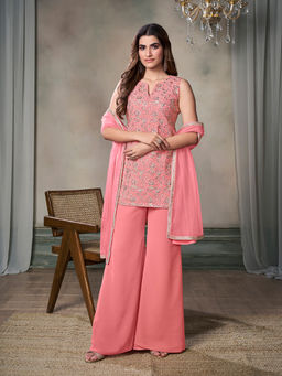 INDDUS - Peach Embroidered Georgette Kurta and Palazzo with Dupatta