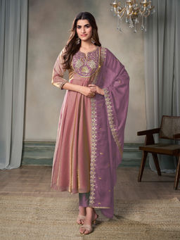 INDDUS - Pink Floral Organza Kurta and Pant with Dupatta