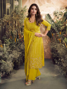 INDDUS - Mustard Embroidered Georgette Kurta and Pant with Dupatta