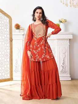 INDDUS - Rust Floral Georgette Kurta and Sharara with Dupatta