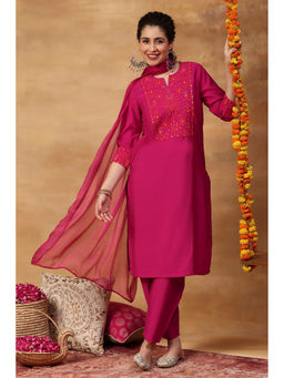 Rangriti - Pink Embroidered Viscose Blend Kurta and Pant with Dupatta
