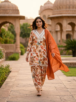 BERRYLICIOUS - Rust Floral Rayon Kurta and Salwar with Dupatta