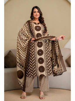 BERRYLICIOUS - Brown Printed Cotton Kurta and Palazzo with Dupatta