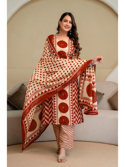 BERRYLICIOUS - Rust Printed Cotton Kurta and Palazzo with Dupatta