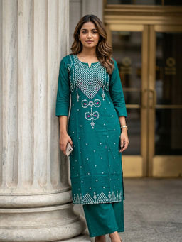 BERRYLICIOUS - Green Printed Cotton Kurta and Palazzo