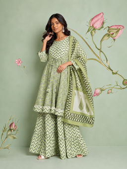 KVS FAB - Green Floral Cotton Kurta and Sharara with Dupatta