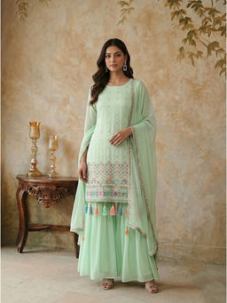 KVS FAB - Green Embroidered Georgette Kurta and Sharara with Dupatta