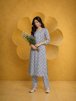 KVS FAB - Grey Printed Cotton Blend Kurta and Pant
