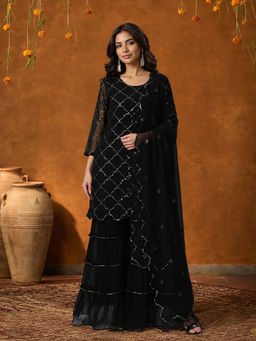 KVS FAB - Black Embroidered Georgette Kurta and Sharara with Dupatta