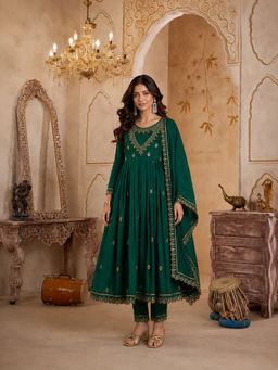 KVS FAB - Green Embroidered Silk Blend Kurta and Pant with Dupatta