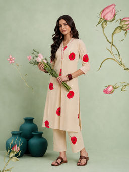 KVS FAB - White Floral Cotton Kurta and Pant