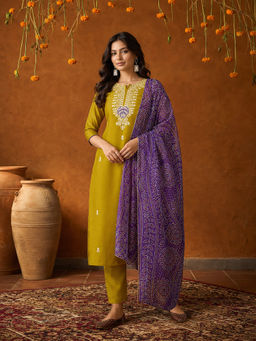 KVS FAB - Yellow Embroidered Silk Blend Kurta and Pant with Dupatta