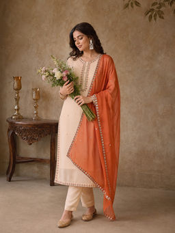 KVS FAB - White Embroidered Silk Blend Kurta and Pant with Dupatta