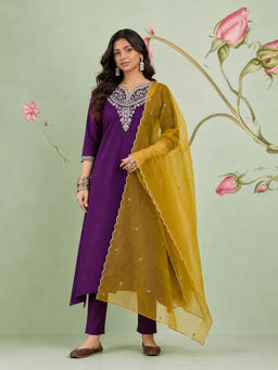 KVS FAB - Purple Embroidered Silk Kurta and Pant with Dupatta