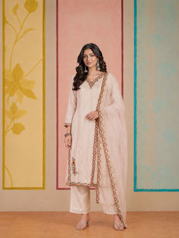 KVS FAB - Cream Embroidered Silk Kurta and Pant with Dupatta