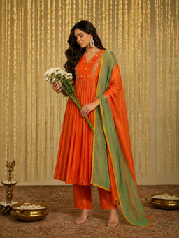 KVS FAB - Orange Embroidered Silk Blend Kurta and Pant with Dupatta