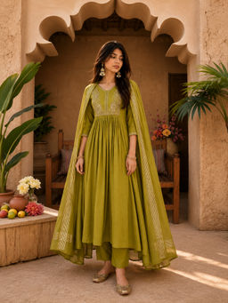 KVS FAB - Green Embroidered Cotton Kurta and Pant with Dupatta