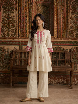 KVS FAB - White Embroidered Silk Blend Kurta and Pant