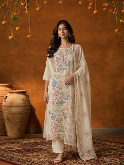 KVS FAB - White Floral Cotton Kurta and Pant with Dupatta