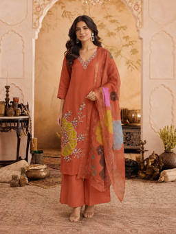 KVS FAB - Orange Floral Cotton Kurta and Pant with Dupatta