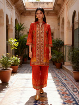 INDDUS - Red Embroidered Silk Blend Kurta and Pant