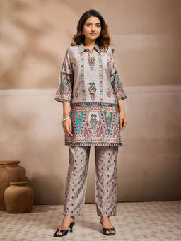 INDDUS - Grey Printed Rayon Kurta and Pant