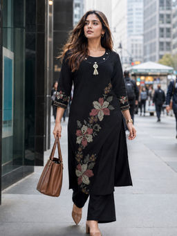 BERRYLICIOUS - Black Printed Rayon Kurta and Palazzo