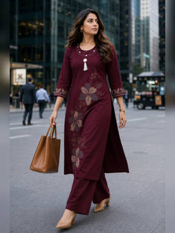 BERRYLICIOUS - Maroon Printed Rayon Kurta and Palazzo