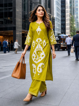 BERRYLICIOUS - Yellow Printed Rayon Kurta and Palazzo