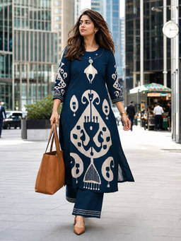 BERRYLICIOUS - Teal Printed Rayon Kurta and Palazzo