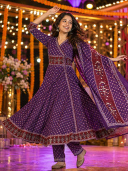 BERRYLICIOUS - Purple Printed Cotton Anarkali Kurta and Pant with Dupatta