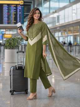 BERRYLICIOUS - Olive Printed Cotton Kurta and Pant with Dupatta