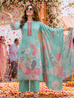 BERRYLICIOUS - Green Floral Silk Kurta and Palazzo with Dupatta
