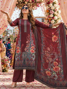 BERRYLICIOUS - Maroon Floral Silk Kurta and Palazzo with Dupatta