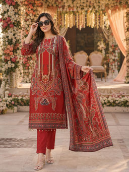 BERRYLICIOUS - Rust Printed Silk Kurta and Pant with Dupatta