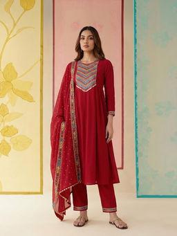 KVS FAB - Red Embroidered Silk Blend Kurta and Pant with Dupatta