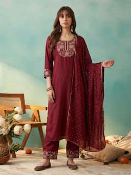 KVS FAB - Maroon Floral Silk Blend Kurta and Pant with Dupatta