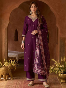 KVS FAB - Wine Embroidered Silk Blend Kurta and Pant with Dupatta
