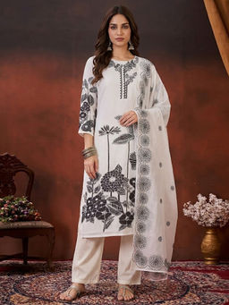 KVS FAB - White Floral Cotton Kurta and Pant with Dupatta