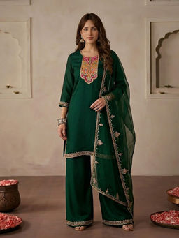KVS FAB - Green Embroidered Silk Blend Kurta and Palazzo with Dupatta