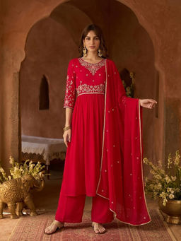 KVS FAB - Pink Embroidered Georgette Kurta and Palazzo with Dupatta