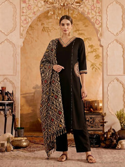 KVS FAB - Black Embroidered Crepe Kurta and Pant with Dupatta