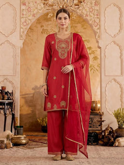 KVS FAB - Red Embroidered Silk Blend Kurta and Pant with Dupatta