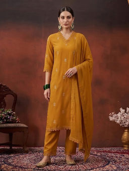 KVS FAB - Yellow Embroidered Georgette Kurta and Pant with Dupatta