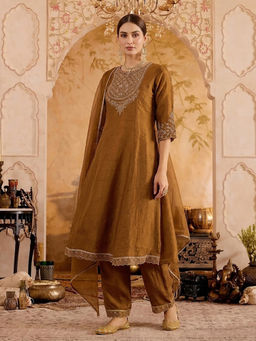 KVS FAB - Yellow Embroidered Silk Blend Kurta and Pant with Dupatta